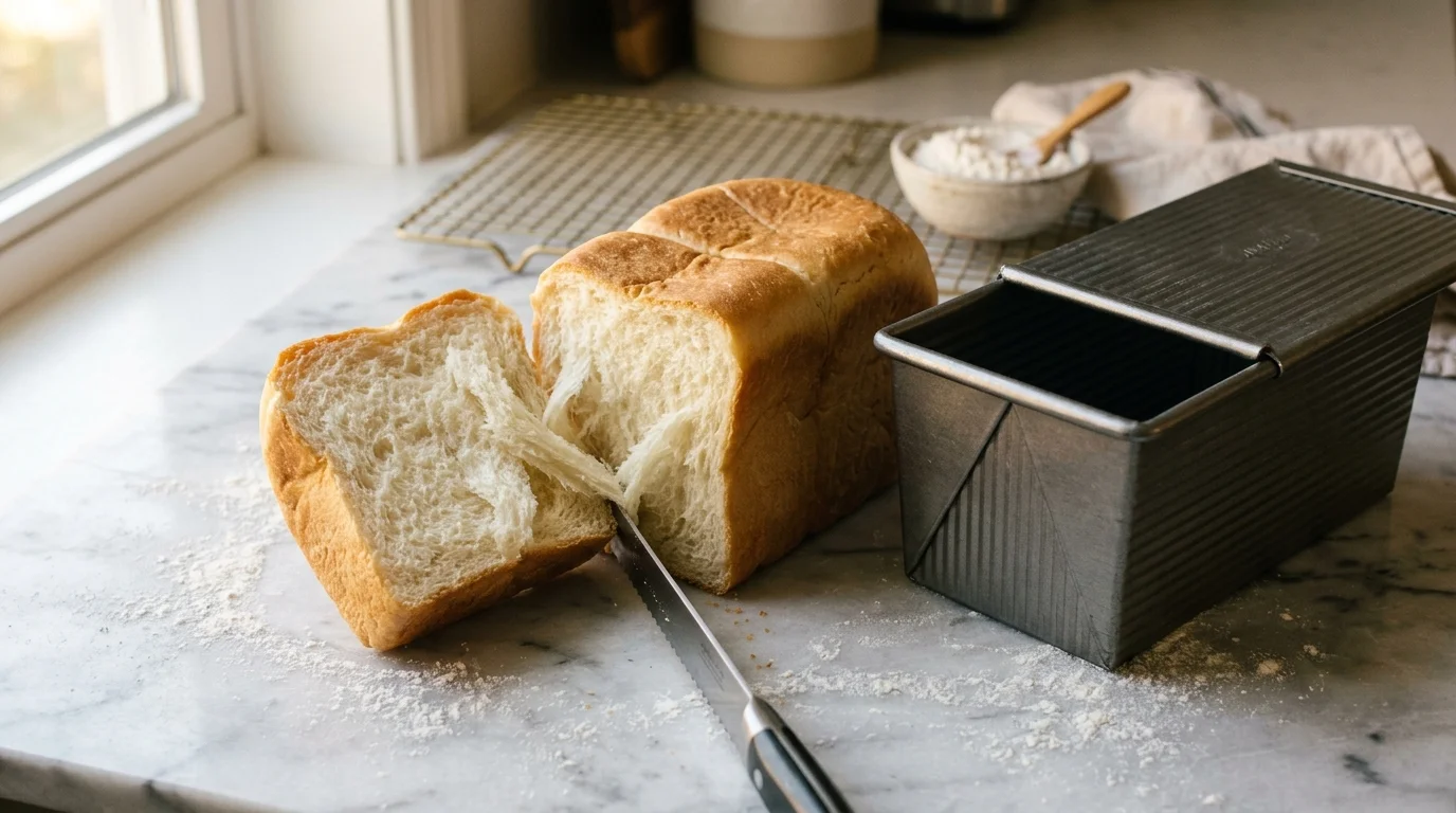 Sliced loaf of bread beside a serrated knife and an aluminized steel loaf pan with a sliding lid on a marble counter.