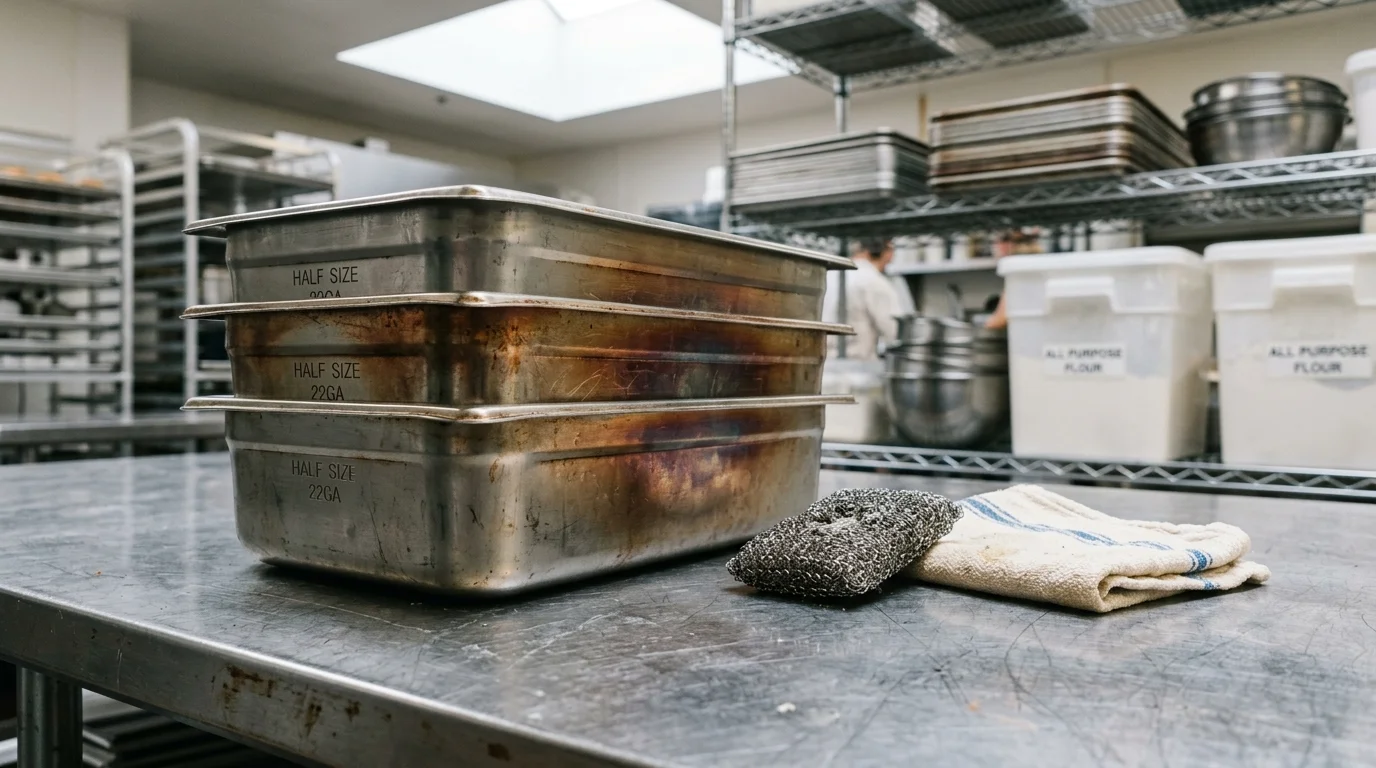Stacked stainless steel half-size hotel pans next to a steel wool scouring pad and folded kitchen towel on a metal table.