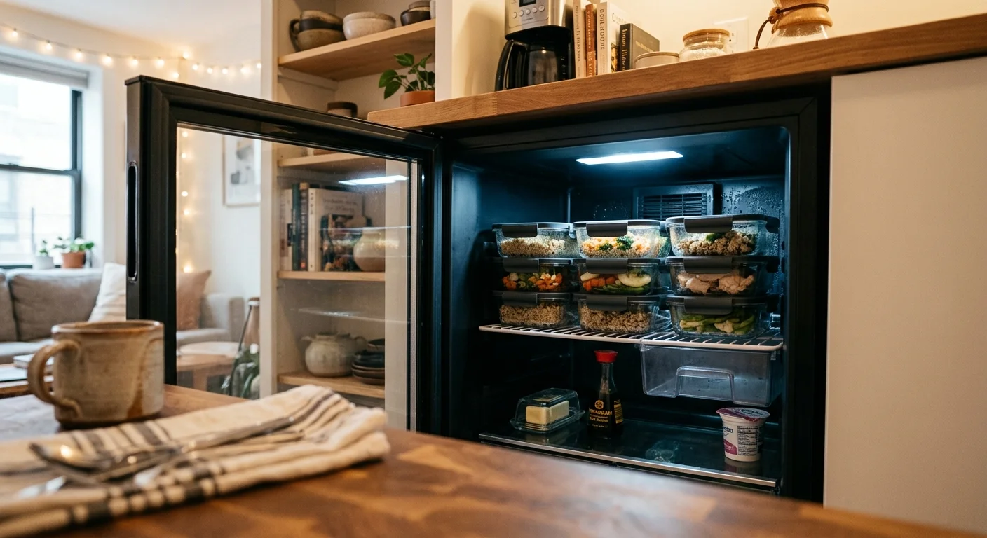 Open glass-door mini-fridge packed with stacked meal prep containers on the top shelf, built under a counter in a studio.