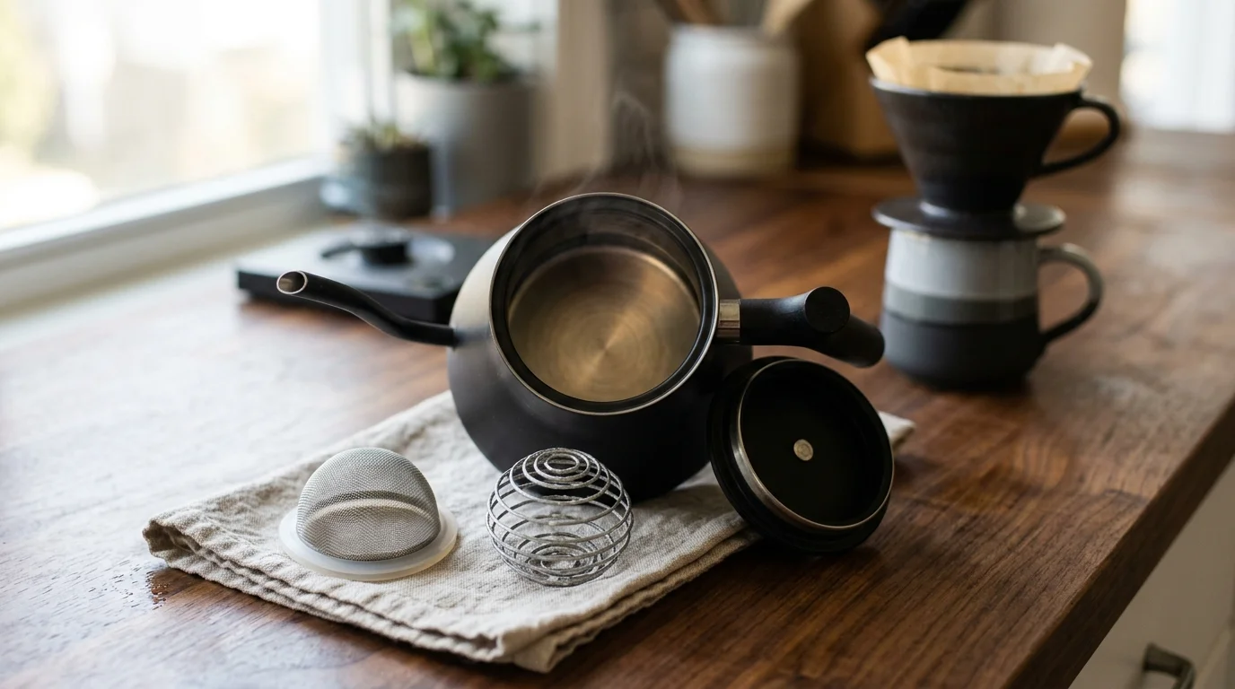 Open black gooseneck kettle, wire mesh filter, and coiled metal ball resting on a cloth on a wooden counter.