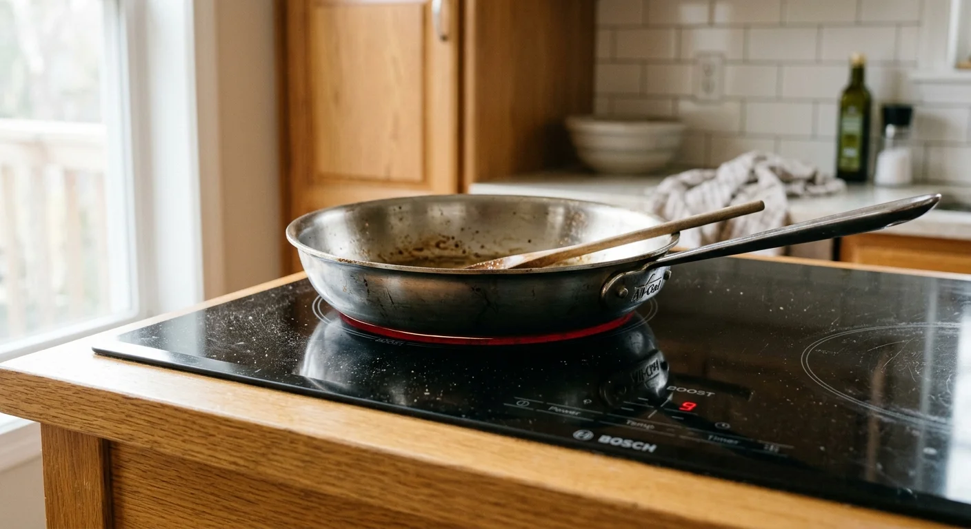 Stainless steel frying pan resting on a glowing black induction stovetop surface on a wooden kitchen counter.