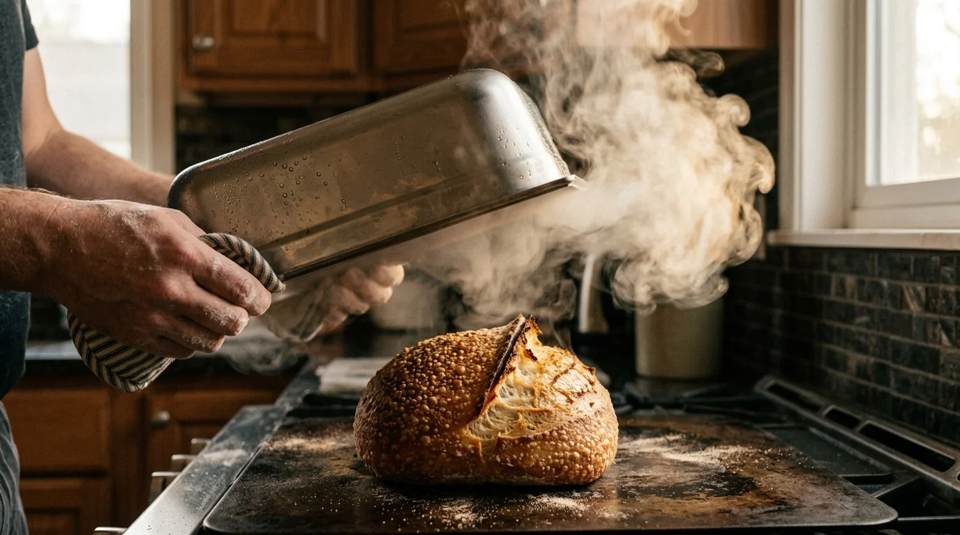 A baker lifts a steaming stainless steel hotel pan off a freshly baked crusty loaf of bread resting on a baking sheet.