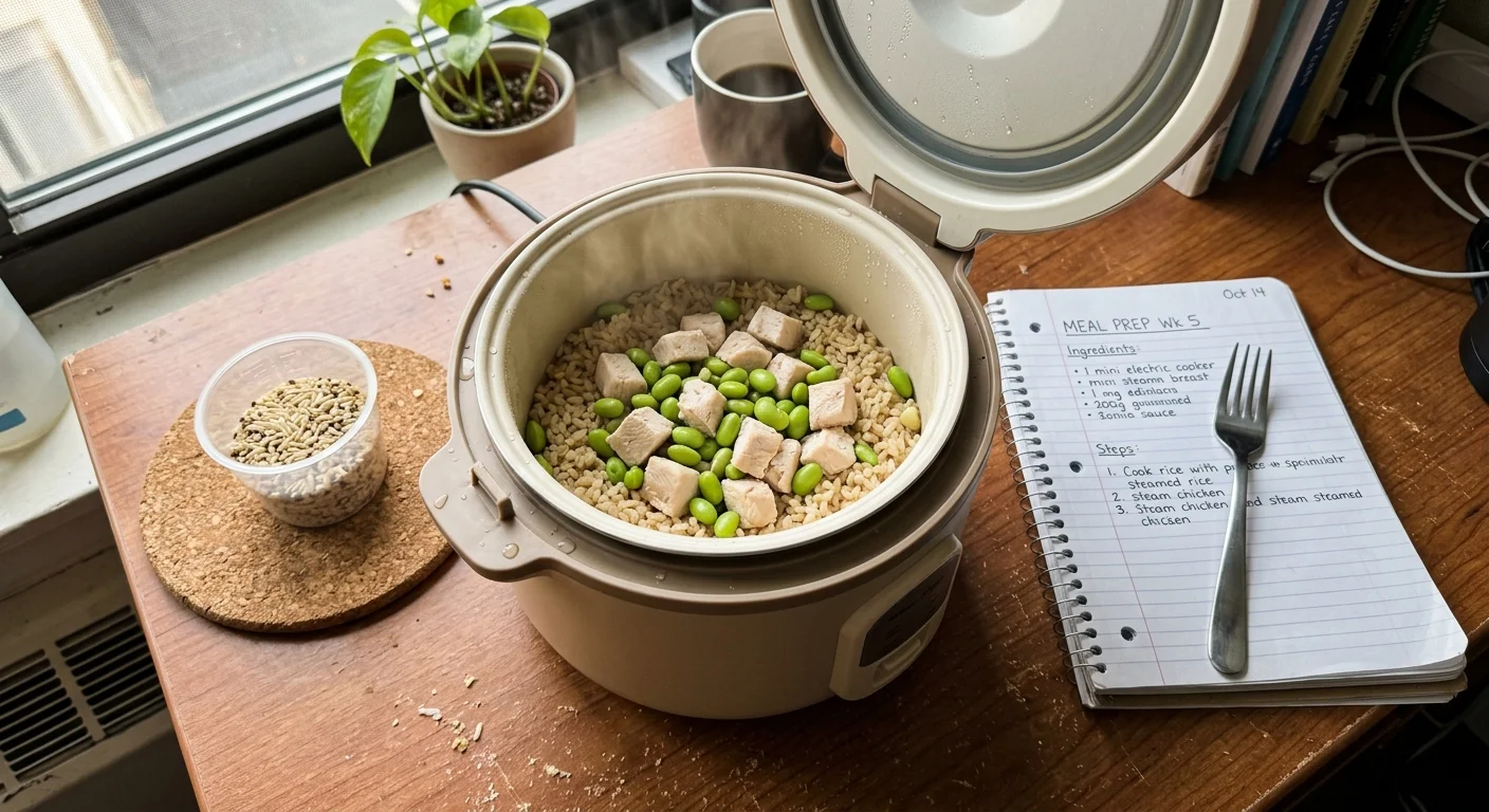 An open mini rice cooker containing brown rice, edamame, and diced chicken sits on a desk next to a meal prep notebook.