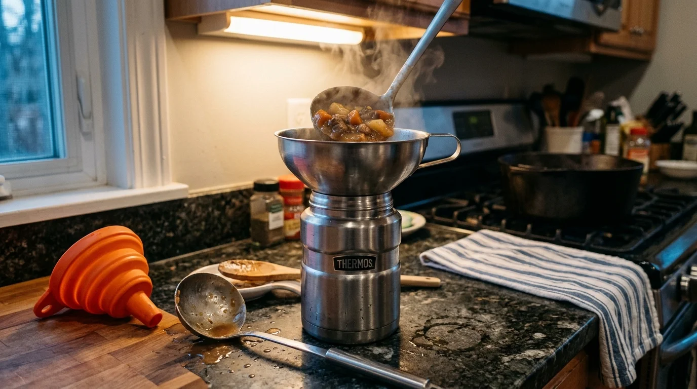 Steaming stew is ladled into a wide-mouth metal funnel on a Thermos, next to an orange collapsible silicone funnel.