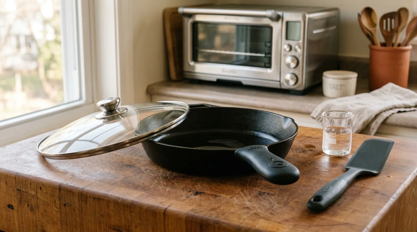 Still life arrangement of a cast iron pan with domed glass lid and a countertop toaster oven on a butcher block island.
