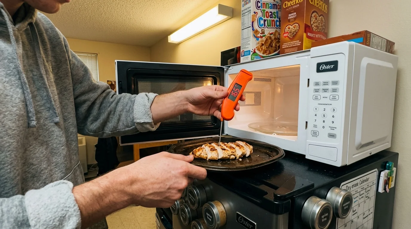 A person checks the internal temperature of cooked meat on a tray outside an open microwave using an orange digital thermometer.