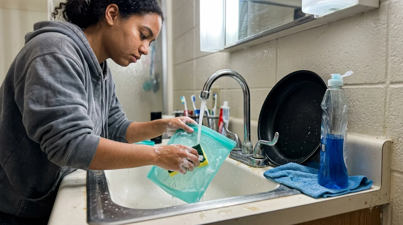 A young woman washing a turquoise silicone bag in a bathroom sink beside a black pan and dish soap.