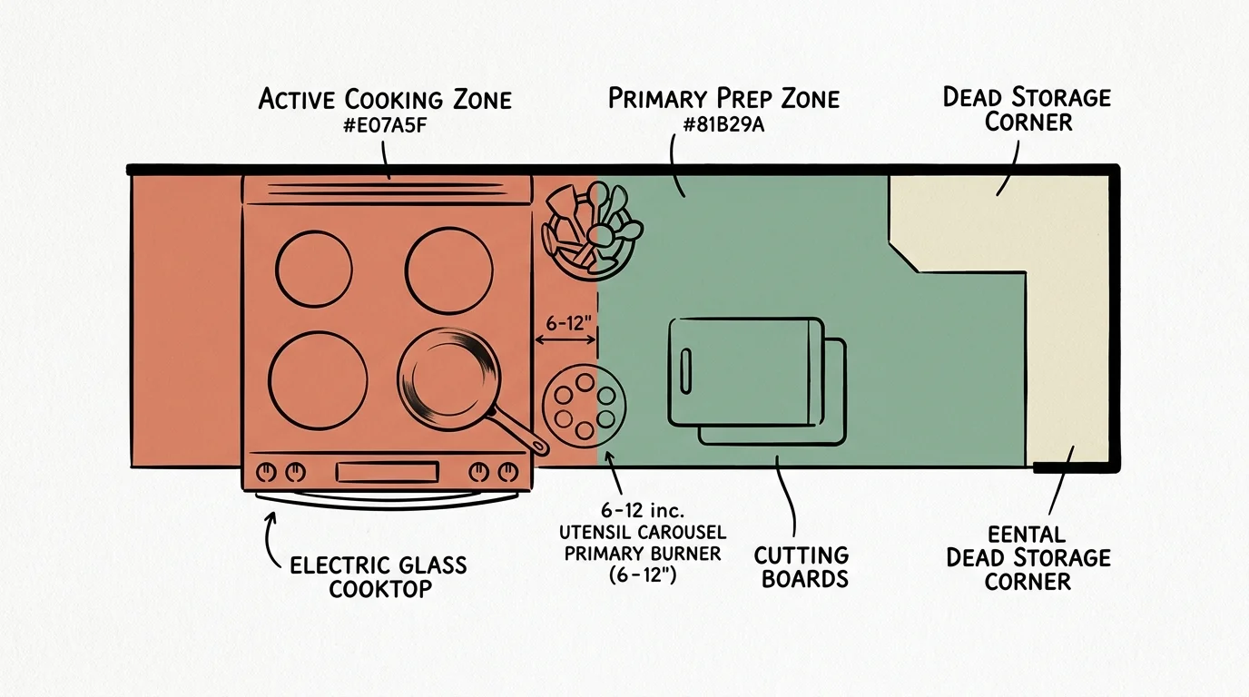 Stylized architectural floor plan illustration mapping kitchen workflow zones around the stove and prep counter.