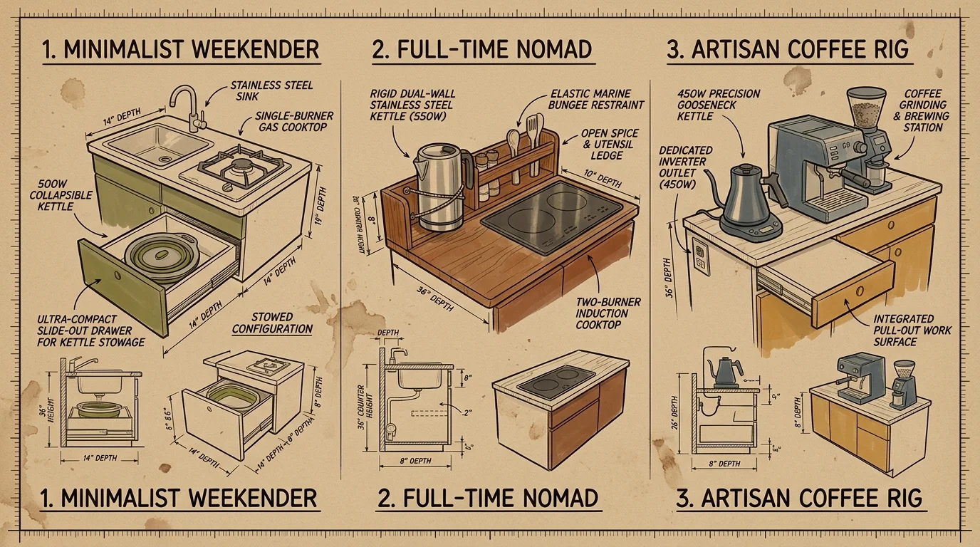 Illustrated kitchen cabinetry layouts for minimalist weekender, full-time nomad, and artisan coffee rig camper setups.