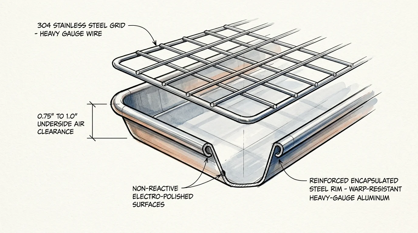 Technical architectural ink illustration highlighting wire grid gauge, clearance height, and pan rim reinforcement.