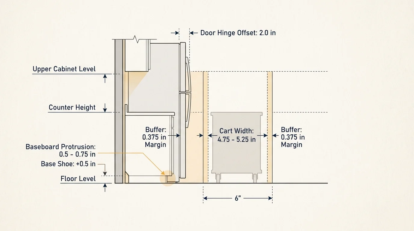 Technical clearance diagram showing baseboard measurements and side margins for a 5-inch cart inside a 6-inch refrigerator gap.