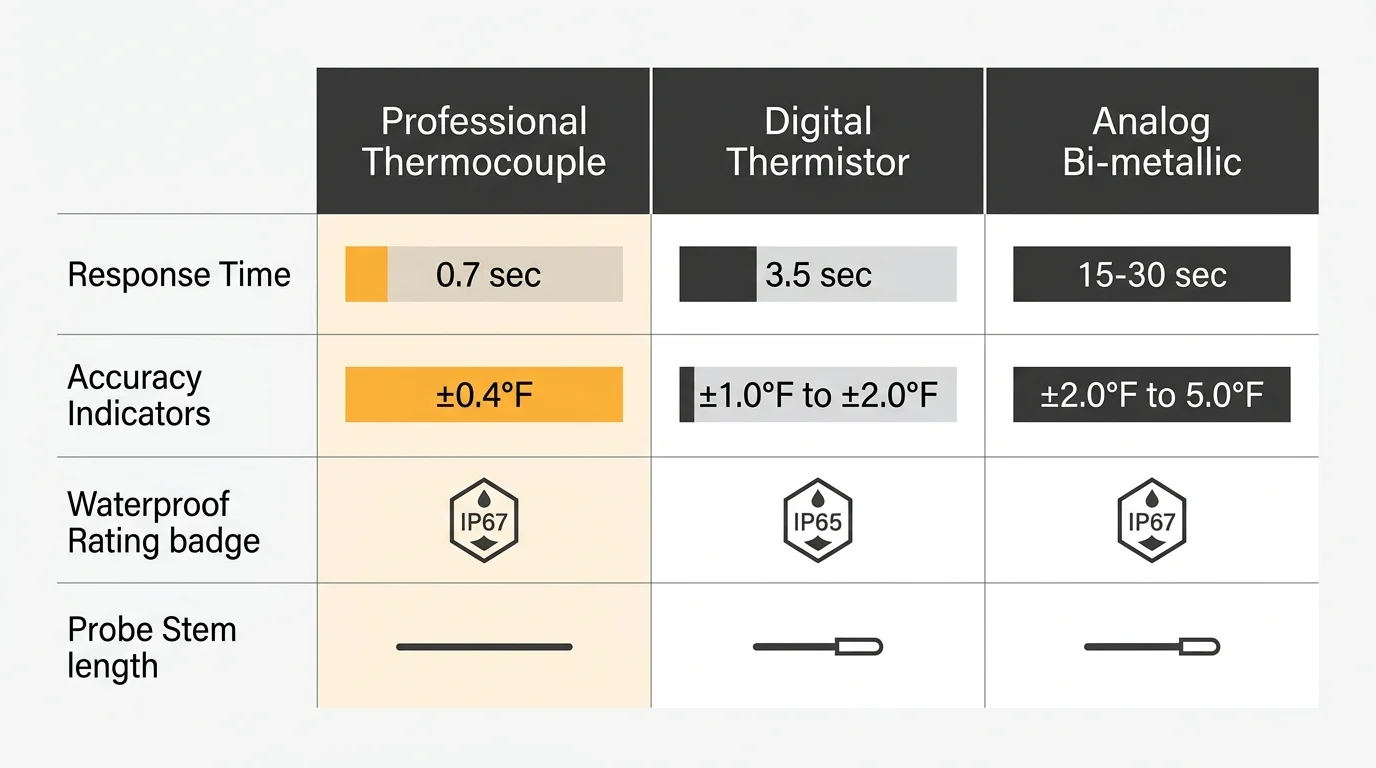 Comparison table showing response time, accuracy indicators, waterproof rating badges, and probe stem lengths across three thermometer types