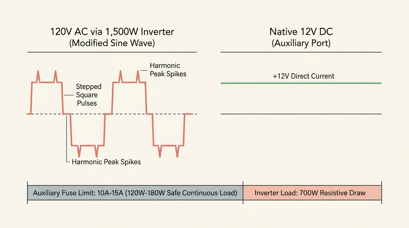 Waveform diagram comparing 120V AC modified sine wave stepped pulses to a native 12V DC direct current flat line.