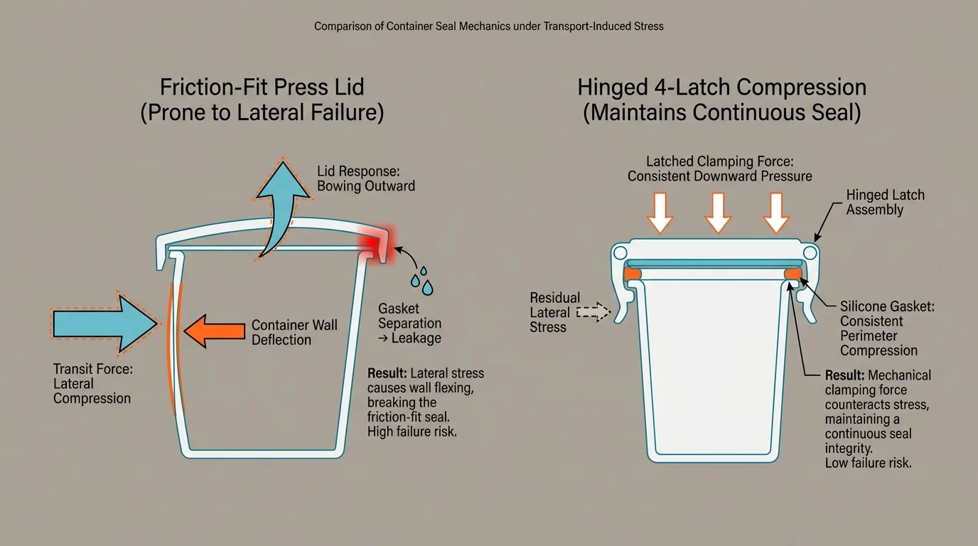 Diagram comparing failure in a friction-fit press lid to continuous compression in a hinged 4-latch container.