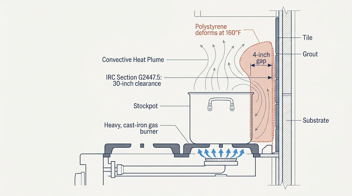 Diagram of a stockpot on a gas range burner showing a convective heat plume rising through a 4-inch gap against a tiled wall.
