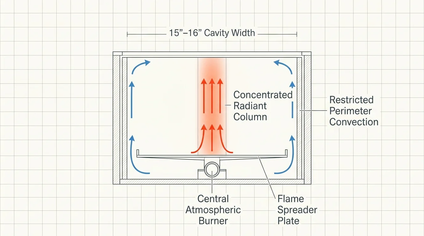 Cross-section diagram of a 15-to-16-inch oven cavity showing heat rising from a central burner and flame spreader plate.