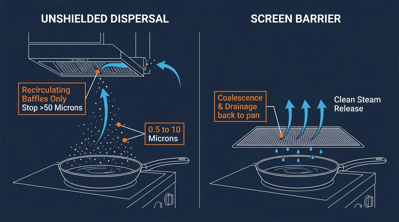 Diagram comparing unshielded grease dispersal into a range hood against a splatter screen barrier over a frying pan.