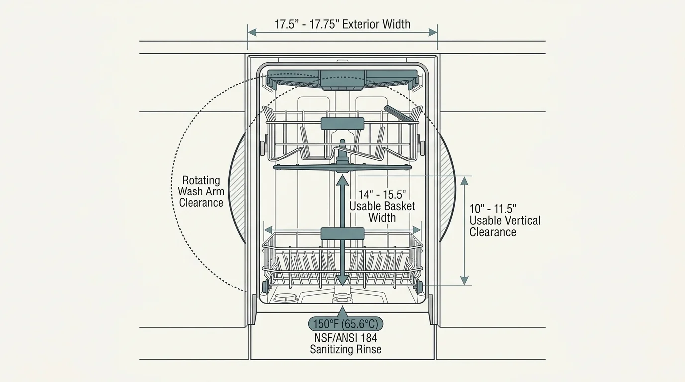 Diagram of a slimline dishwasher interior with dimensions for exterior width, usable basket width, and vertical clearance.