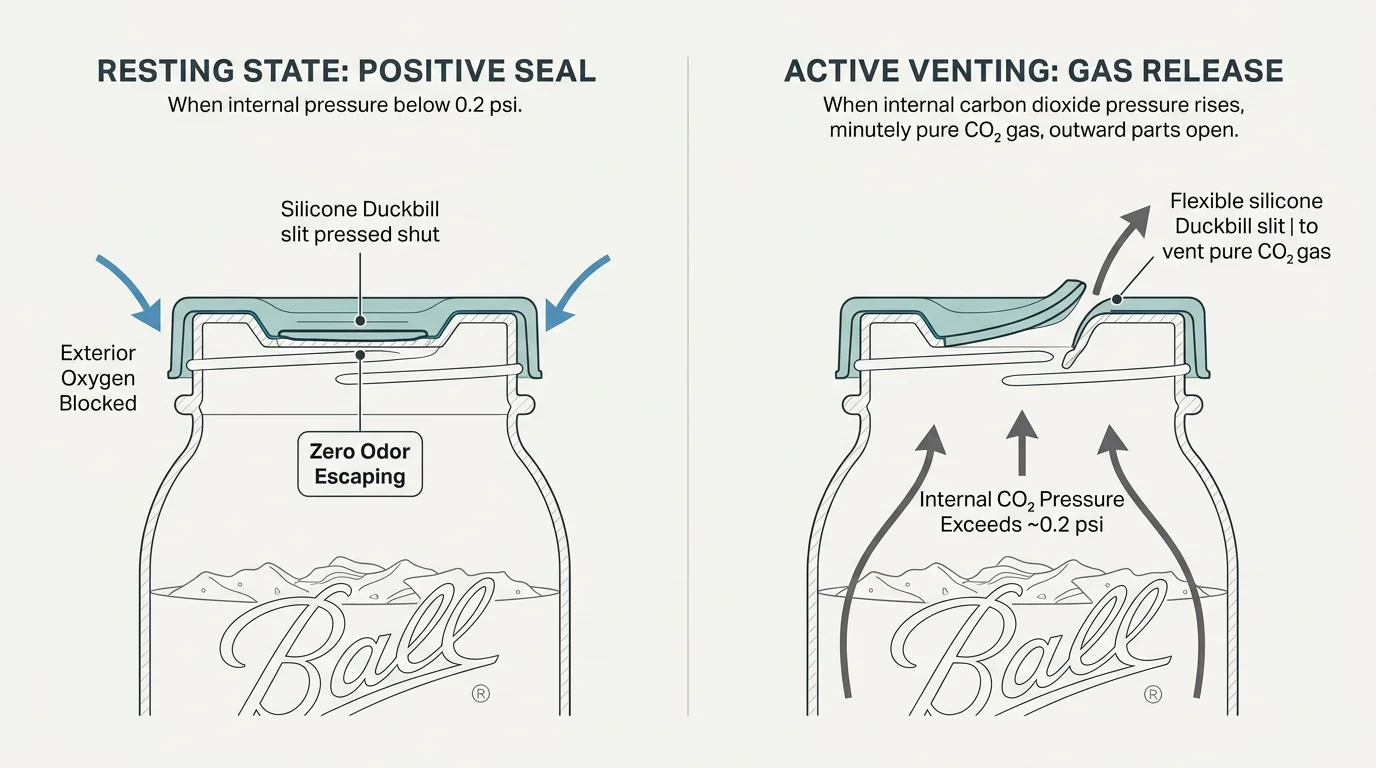 Diagram of a Mason jar silicone lid showing resting positive seal and active venting states with gas release arrows.