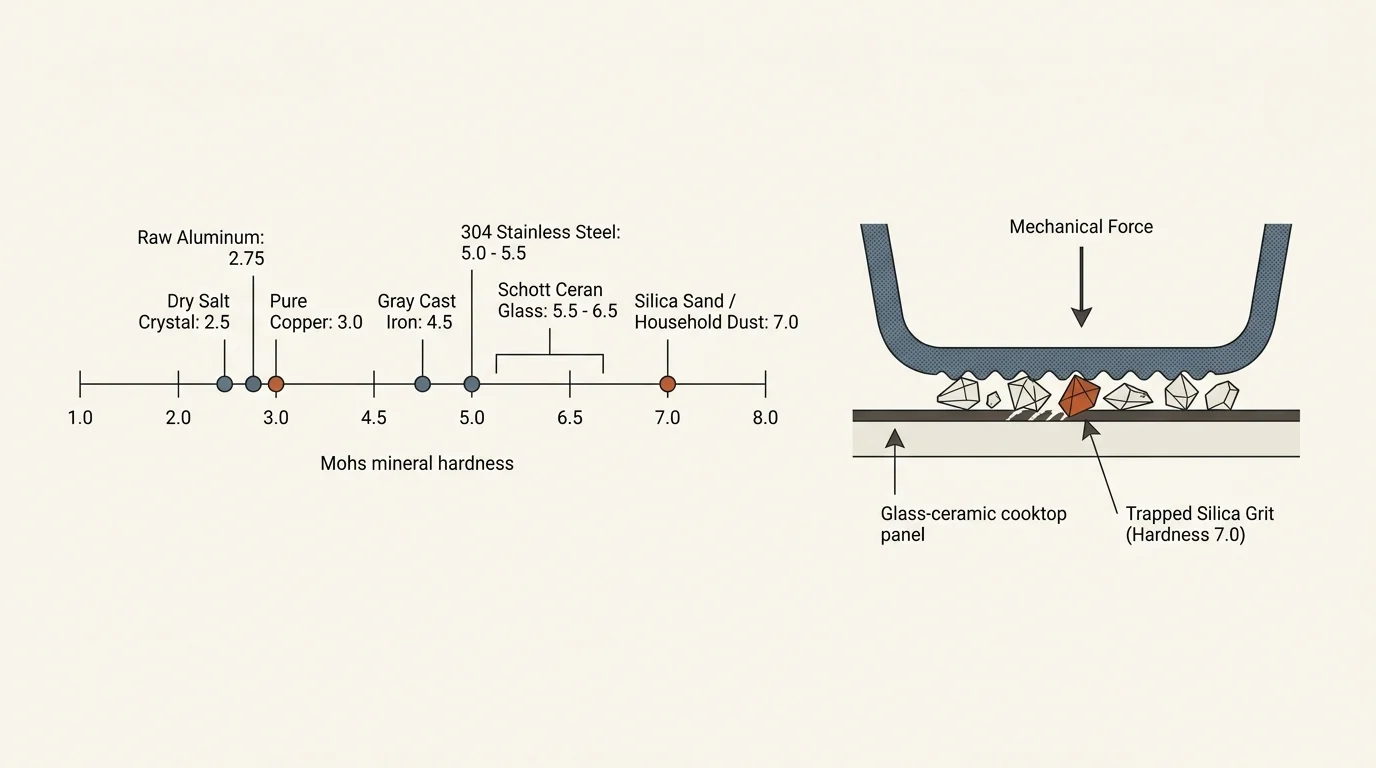 Mohs hardness scale comparing cookware materials to Schott Ceran glass, beside a diagram of trapped silica grit scratching glass.