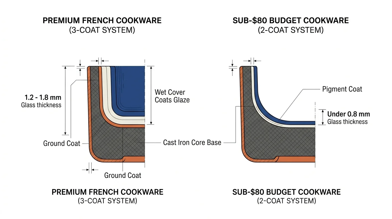 Technical diagram comparing multi-layer premium enamel measuring 1.2 to 1.8 mm against budget enamel under 0.8 mm.