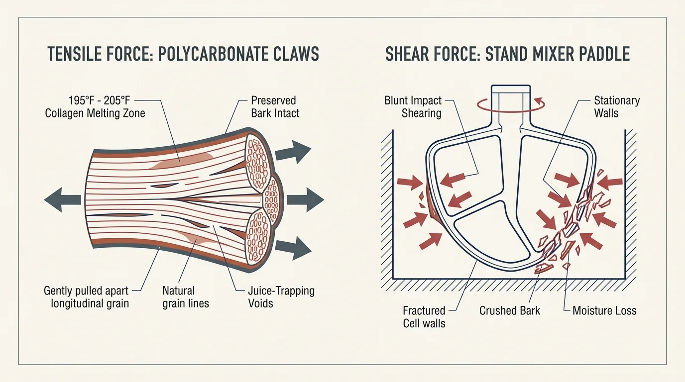 Technical diagram comparing tensile force from meat claws versus shear force from a stand mixer paddle on pork fibers.