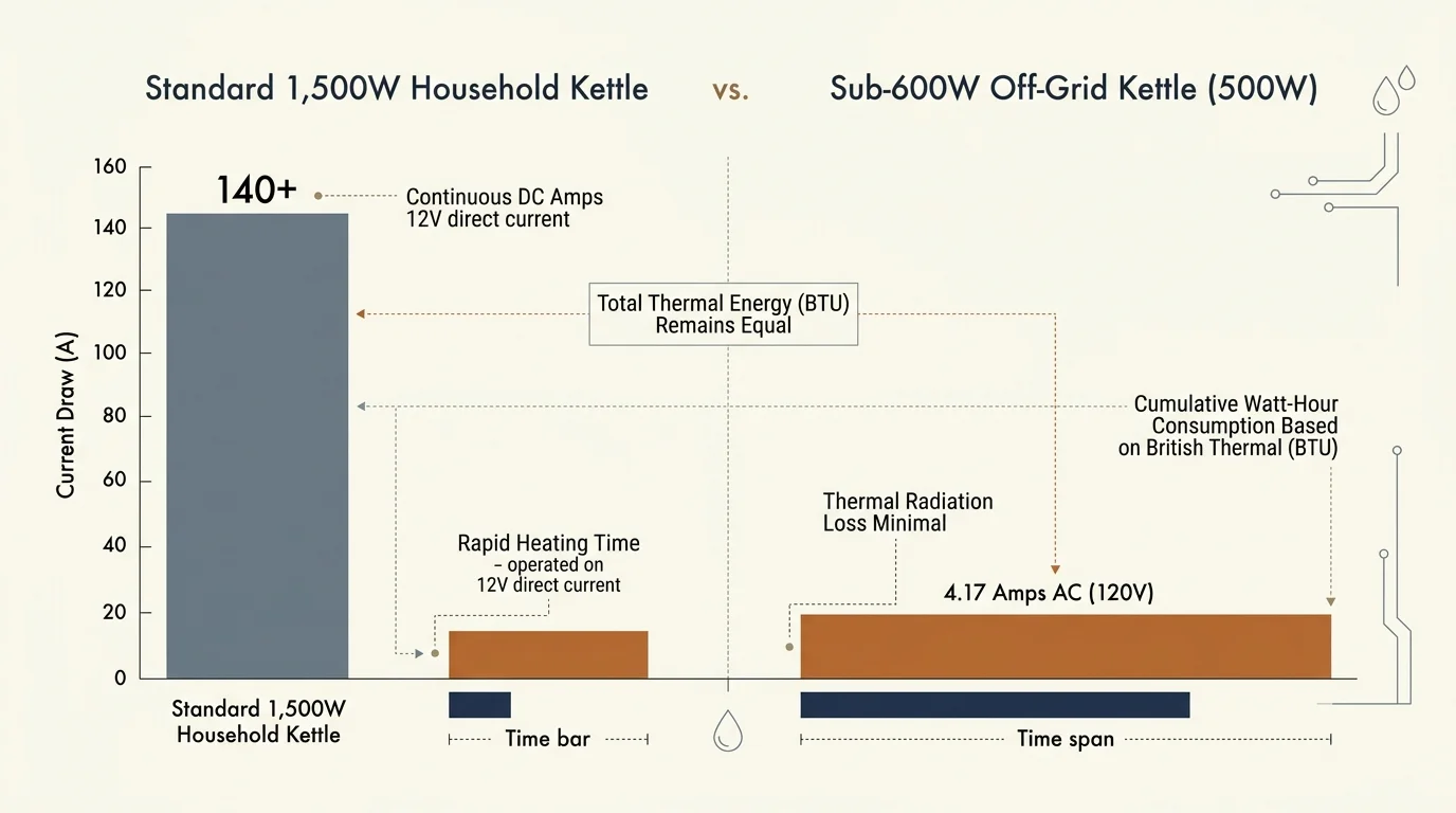 Bar chart comparing current draw and heating time between a 1,500W household kettle and a 500W off-grid kettle.