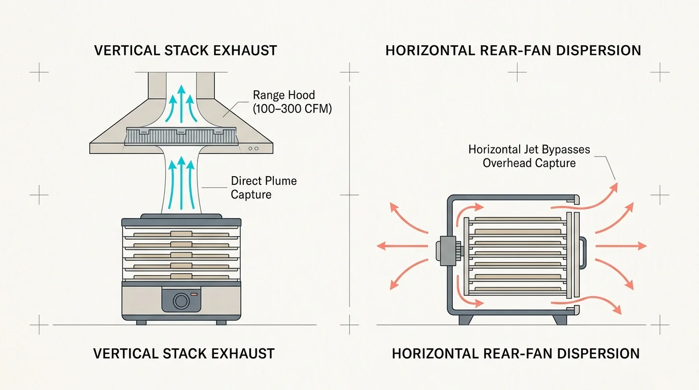 Diagram contrasting vertical stack dehydrator exhaust captured by a range hood with horizontal rear-fan dispersion.