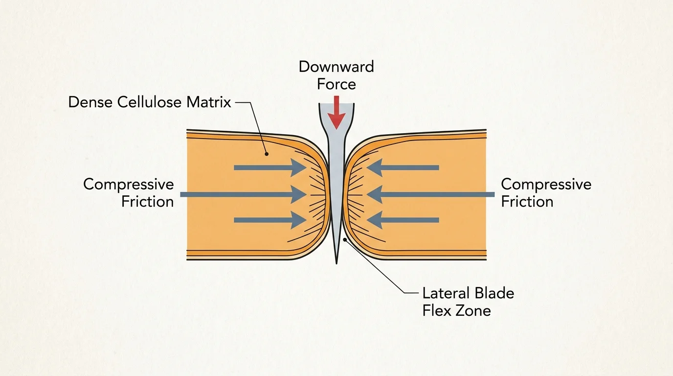 Technical diagram demonstrating compressive friction and lateral blade binding as a knife enters dense squash.