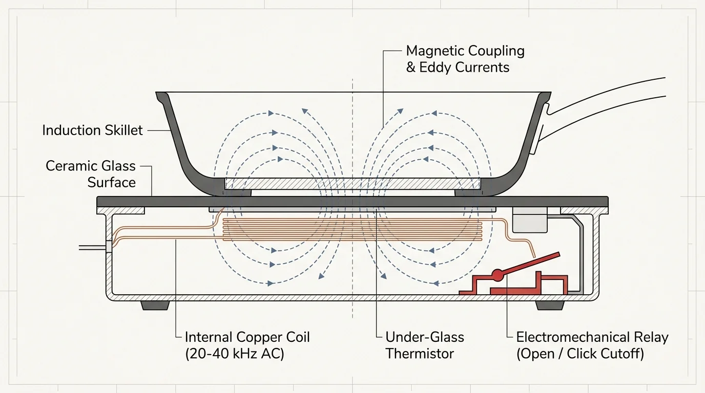 Diagram of an induction cooktop cross-section showing magnetic fields, copper coil, thermistor, and electromechanical relay.