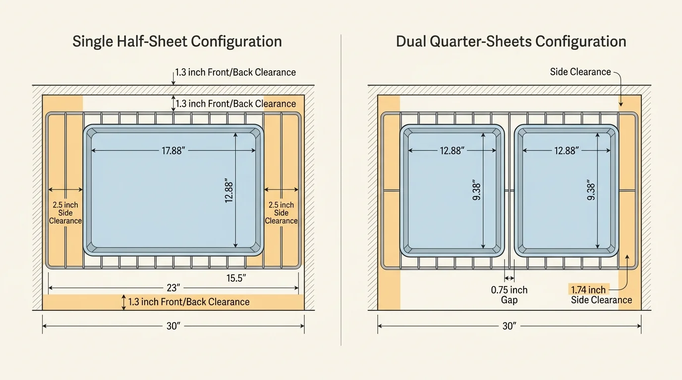 Diagram comparing single half-sheet and dual quarter-sheet pan dimensions and clearances on a 30-inch oven rack.