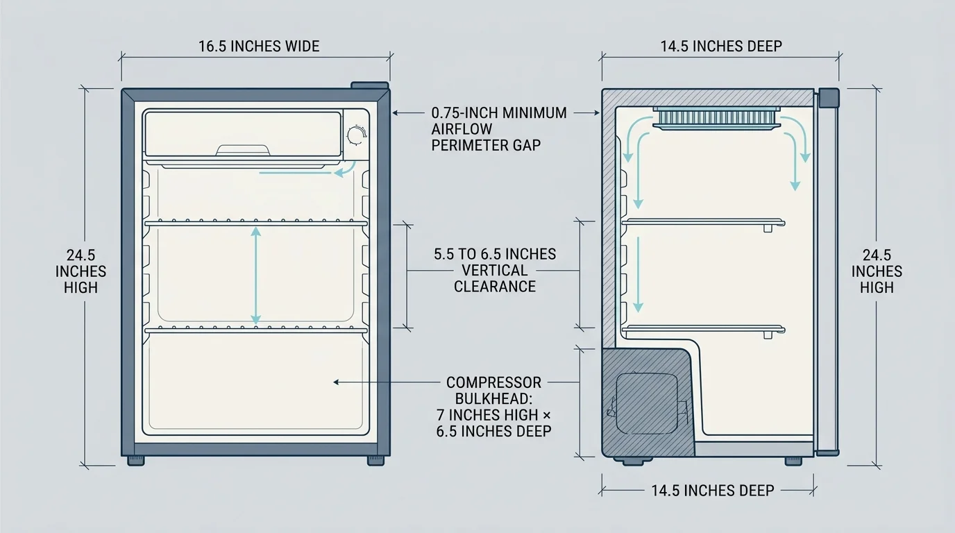 Diagram of mini-fridge interior dimensions in front and side cutaway views, showing shelves and compressor bulkhead.