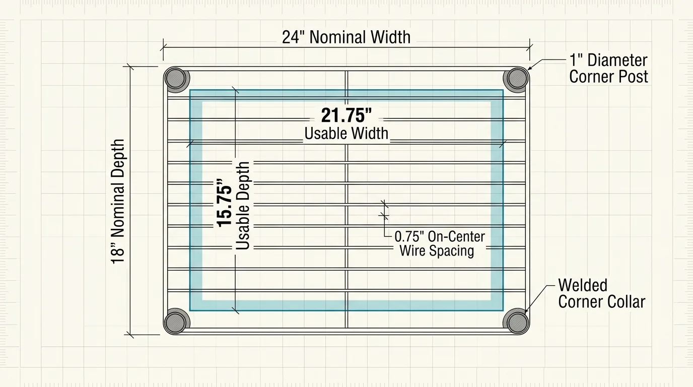 Diagram showing an 18 by 24 inch wire shelf with interior clearance dimensions of 15.75 by 21.75 inches.