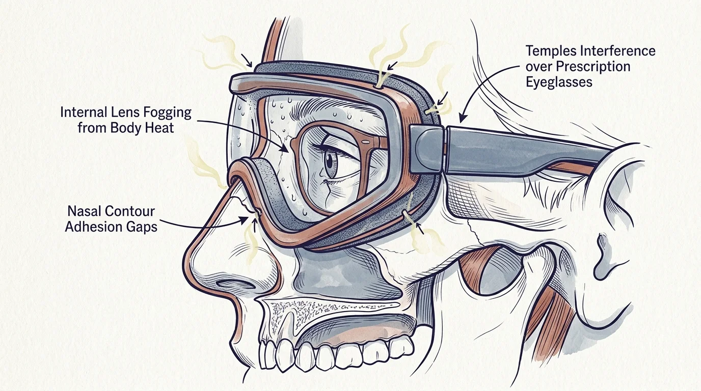 Technical illustration showing structural air gaps and fogging points along the foam seal of onion cutting goggles.