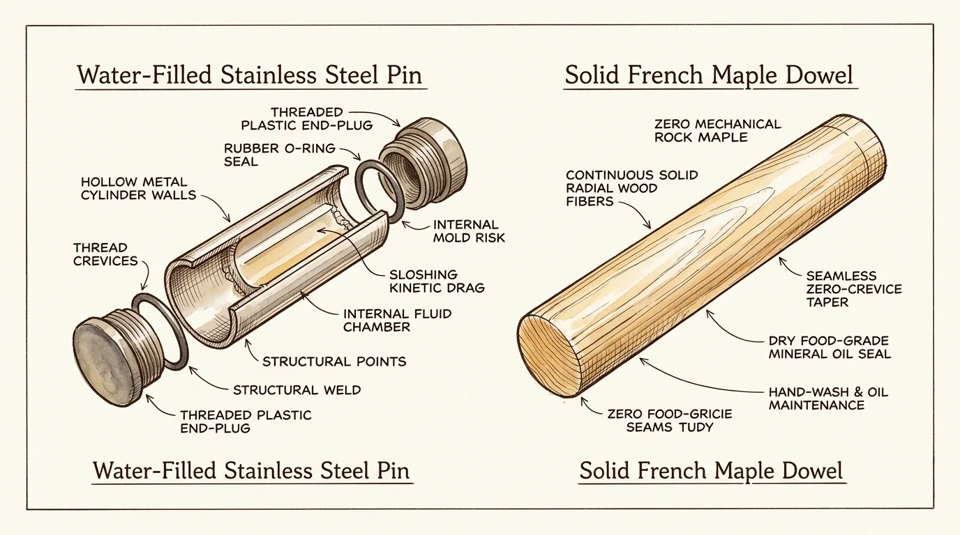 Diagram comparing an exploded cutaway of a water-filled stainless steel rolling pin to a solid French maple wood dowel.