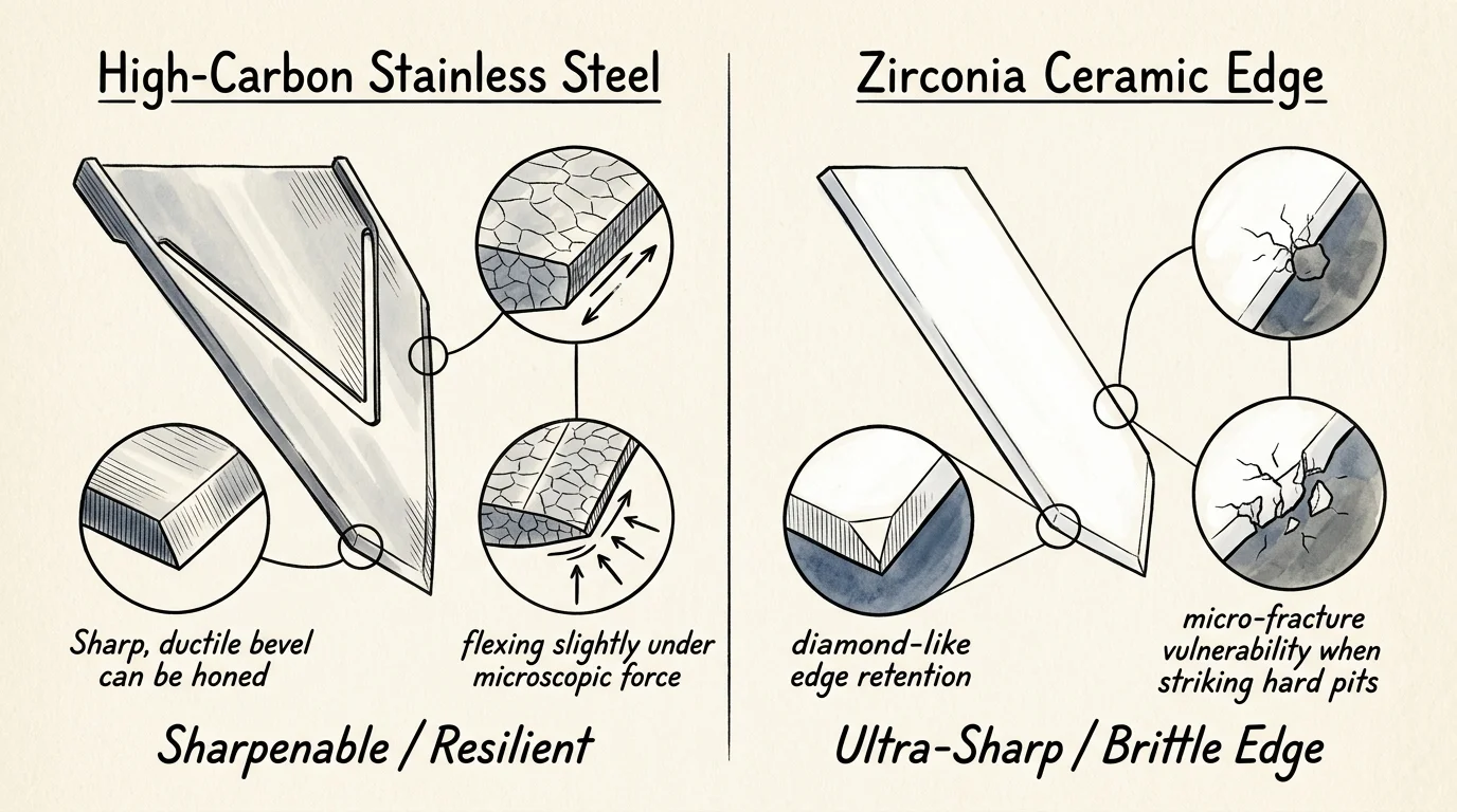 Diagram comparing high-carbon stainless steel mandoline blades with brittle zirconia ceramic blades and microscopic insets.