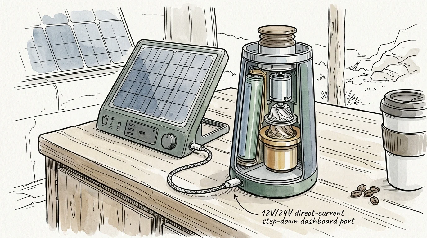 Illustration of a cutaway cordless coffee grinder charging via cable from a compact portable solar power pack.