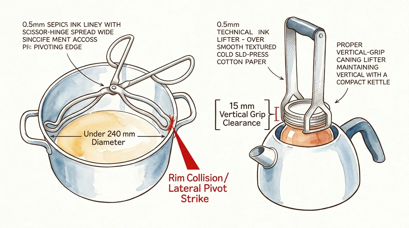 Technical illustration comparing scissor canning tongs striking a pot rim against a vertical-grip lifter with clearance.
