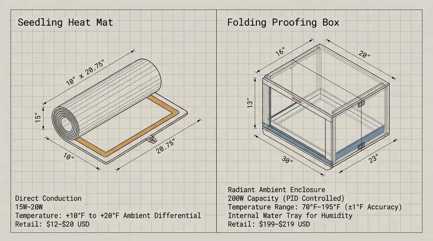 Diagram comparing dimensions and technical specs for a seedling heat mat and a folding proofing box on graph paper.