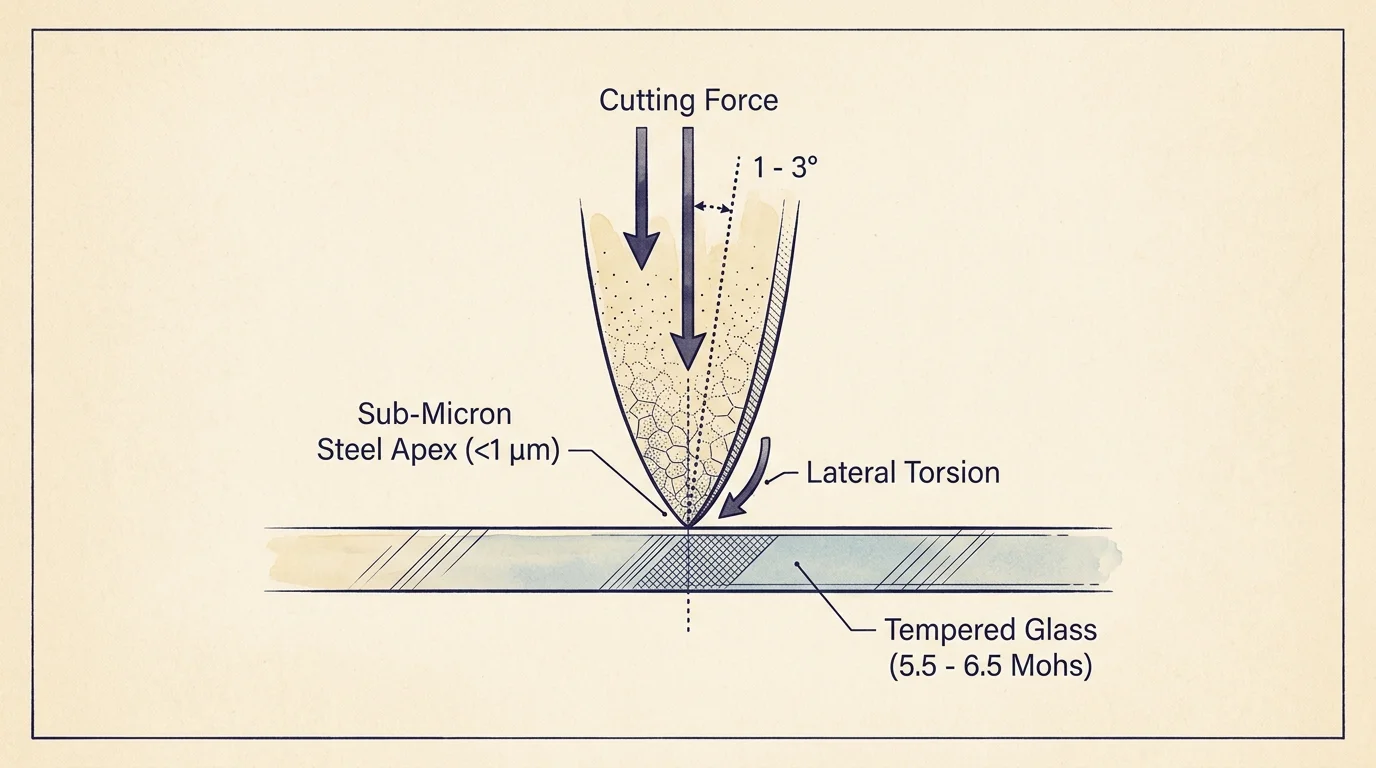Diagram of a knife apex under cutting force and lateral torsion against a tempered glass surface.