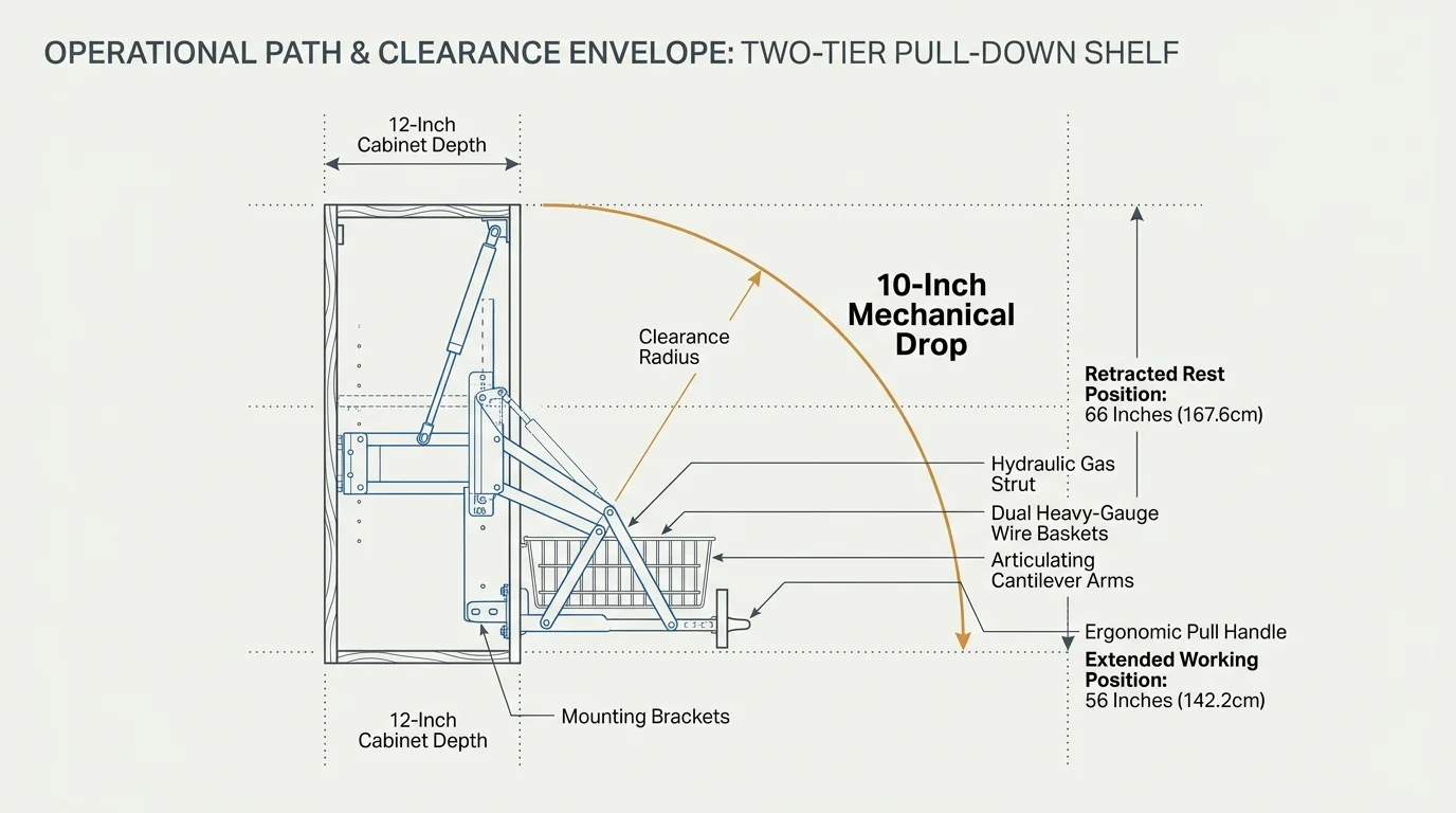 Diagram showing the clearance radius and 10-inch mechanical drop of a two-tier pull-down shelf in a cabinet.