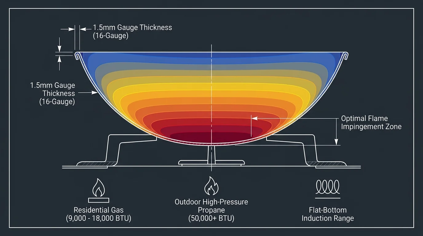 Diagram of a wok cross-section showing heat gradient rings from red at the bottom to blue at the rim over burner types.