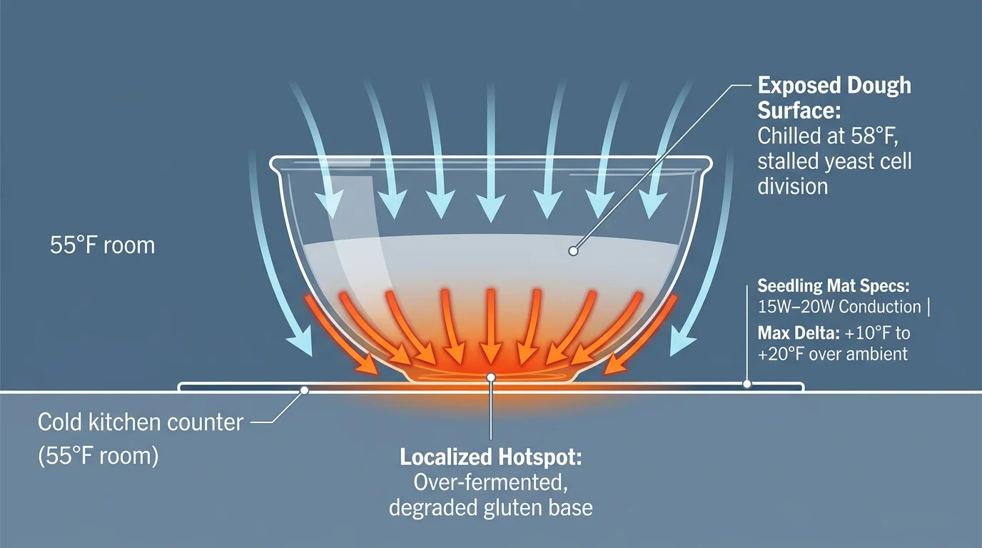Diagram showing a bowl of dough on a seedling heat mat with hot red arrows at the base and cold blue arrows above.