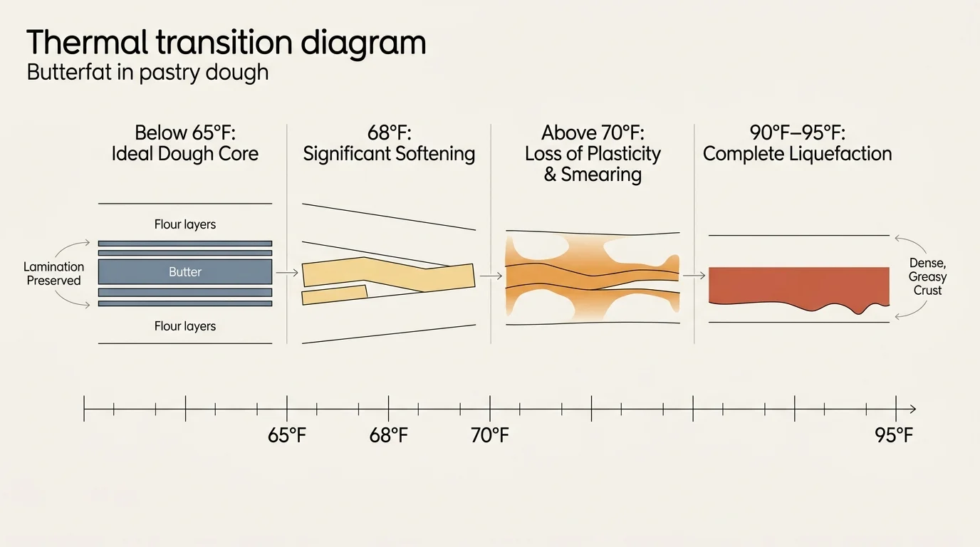 Diagram showing four stages of butterfat breakdown between pastry flour layers across a temperature timeline.