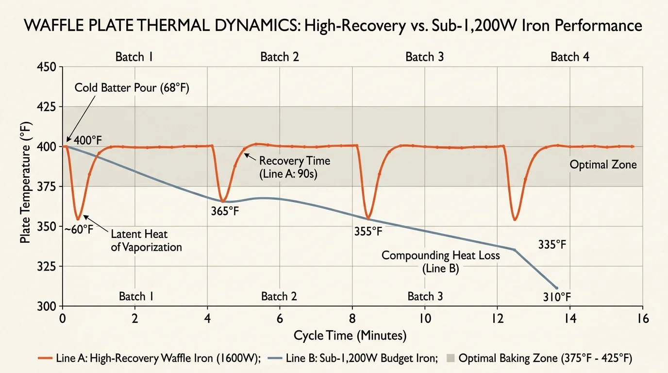 Line graph comparing plate temperature cycles between a high-recovery waffle iron and a sub-1200W iron across four batches.
