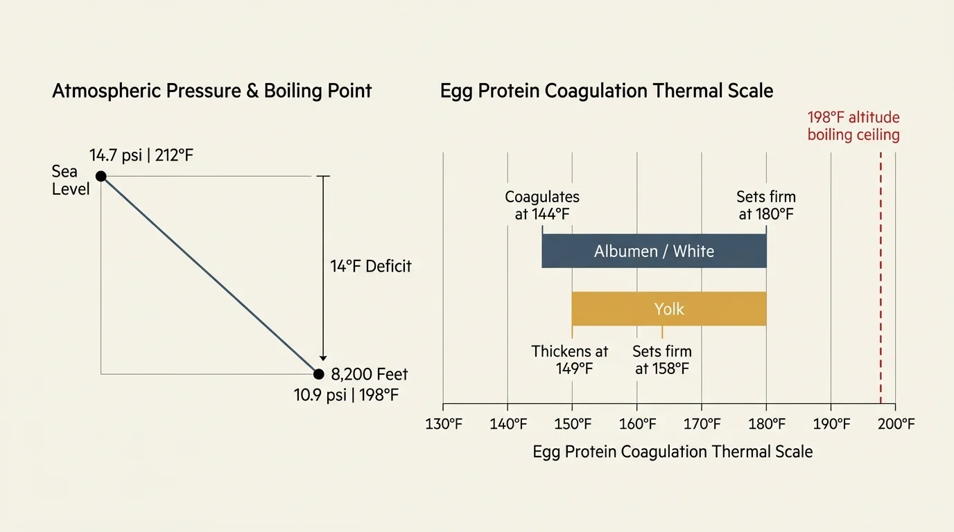 Diagram showing atmospheric pressure dropping to 10.9 psi at 8,200 feet alongside an egg protein coagulation thermal scale.