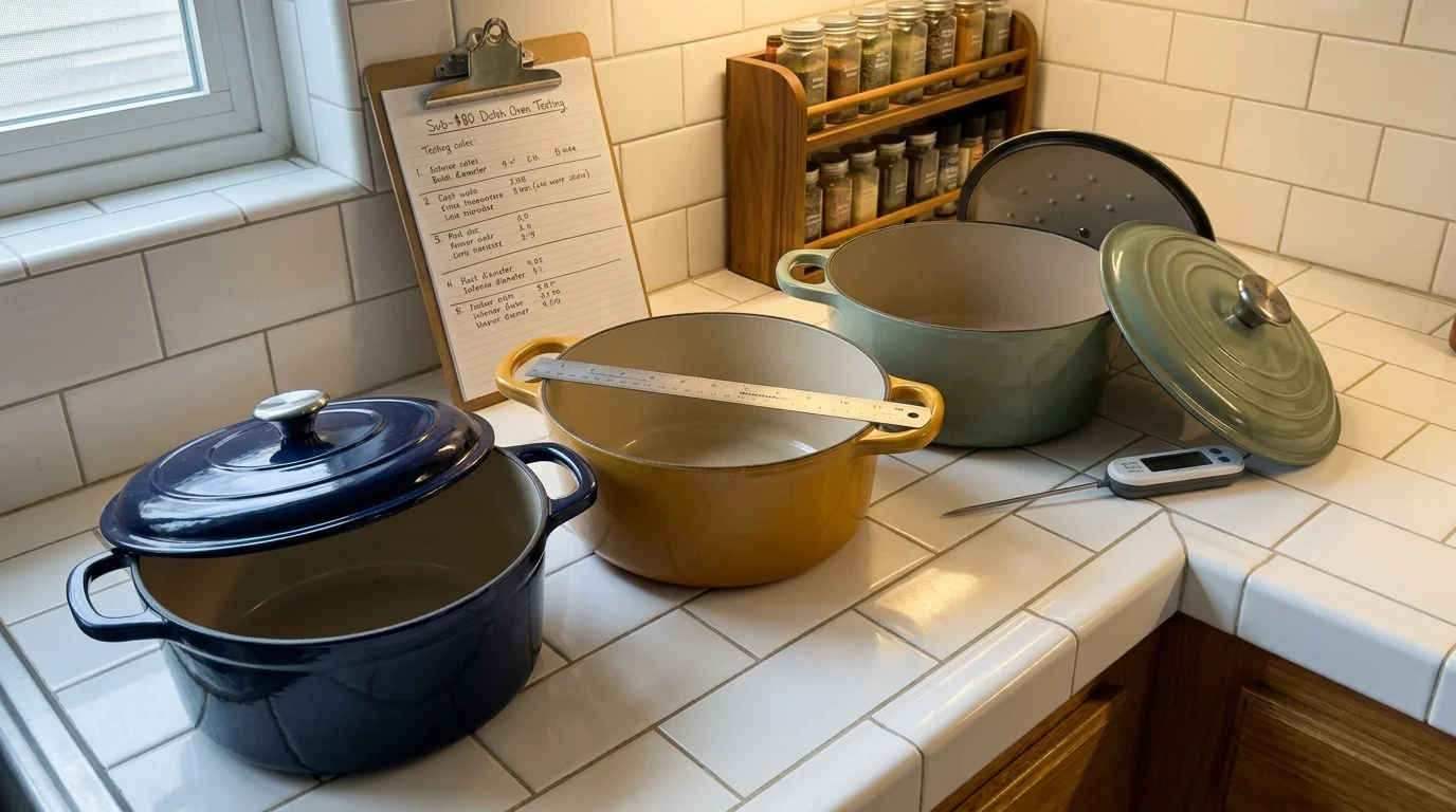 Three budget enameled Dutch ovens in navy, yellow, and sage lined up for inspection on a kitchen counter.