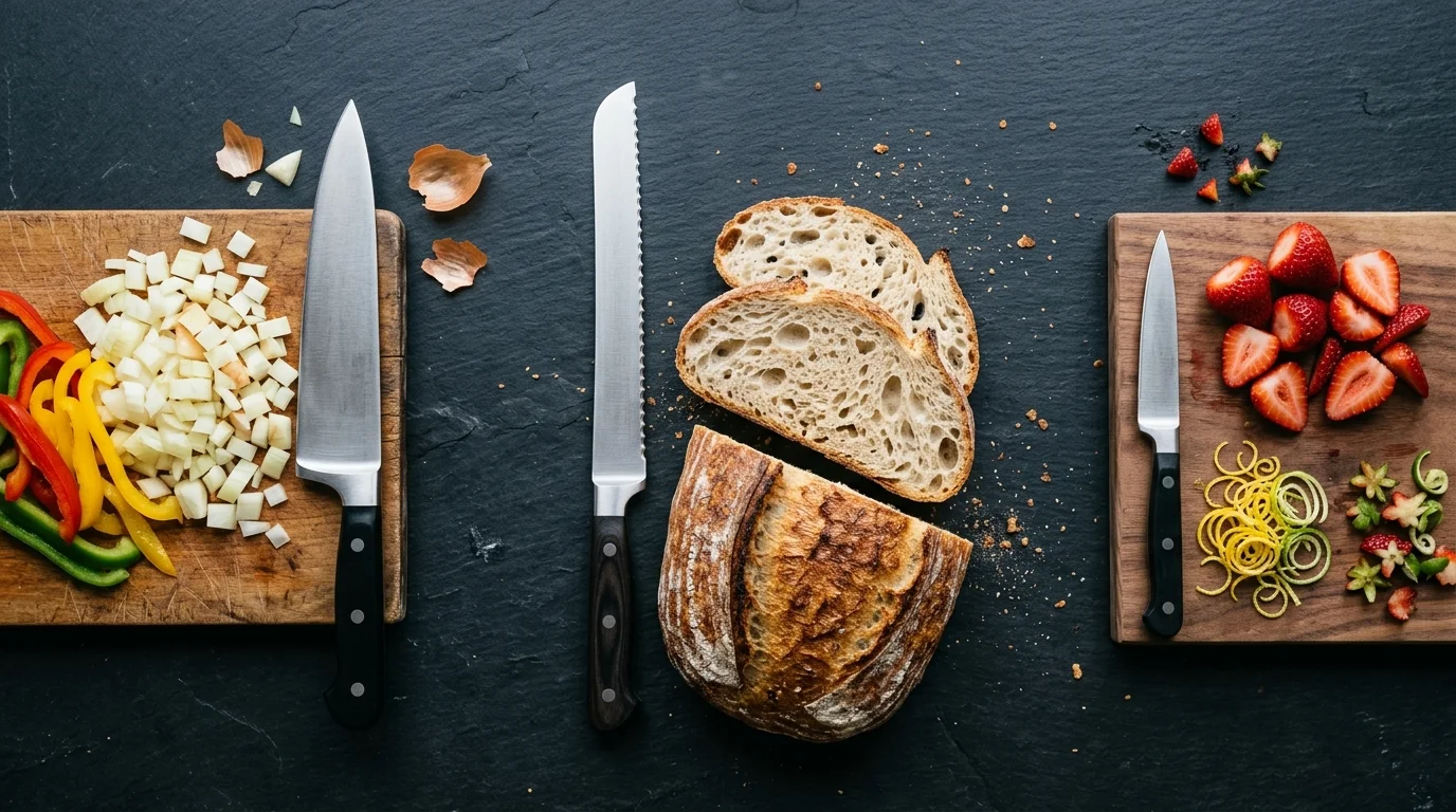 Three kitchen knives beside diced vegetables, sliced bread, and cut strawberries on a dark slate background.