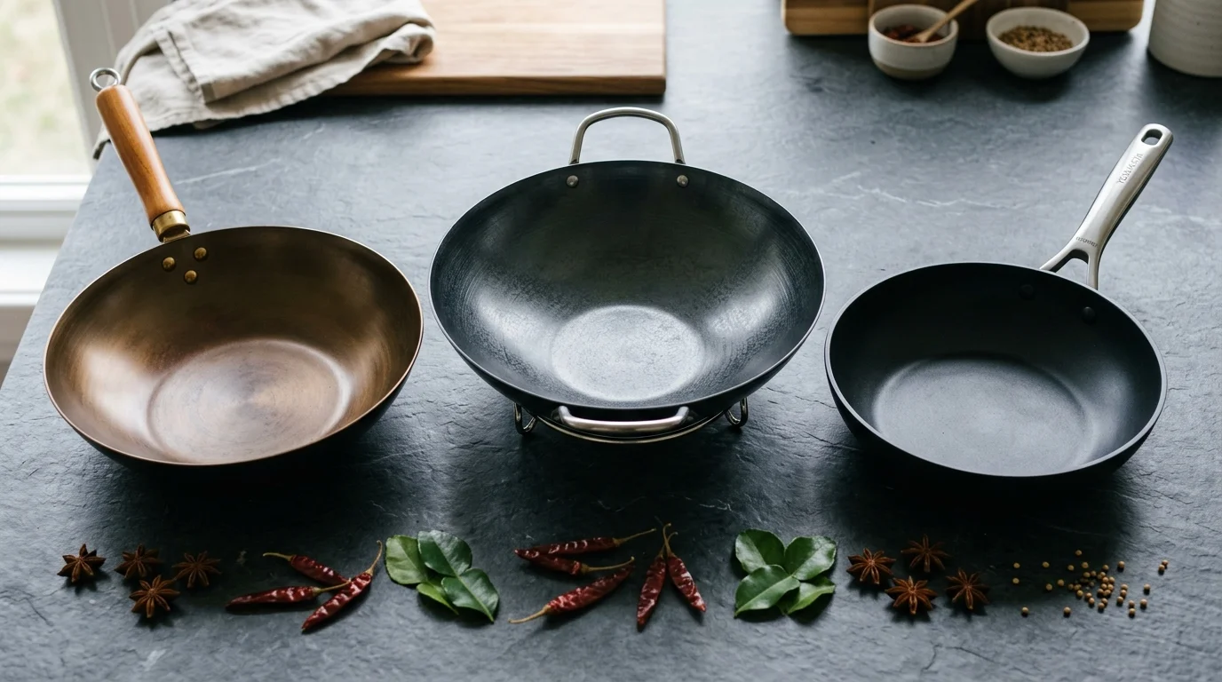 Three different metal woks and pans arranged in a row on a black countertop alongside spices, dried chilis, and lime leaves.