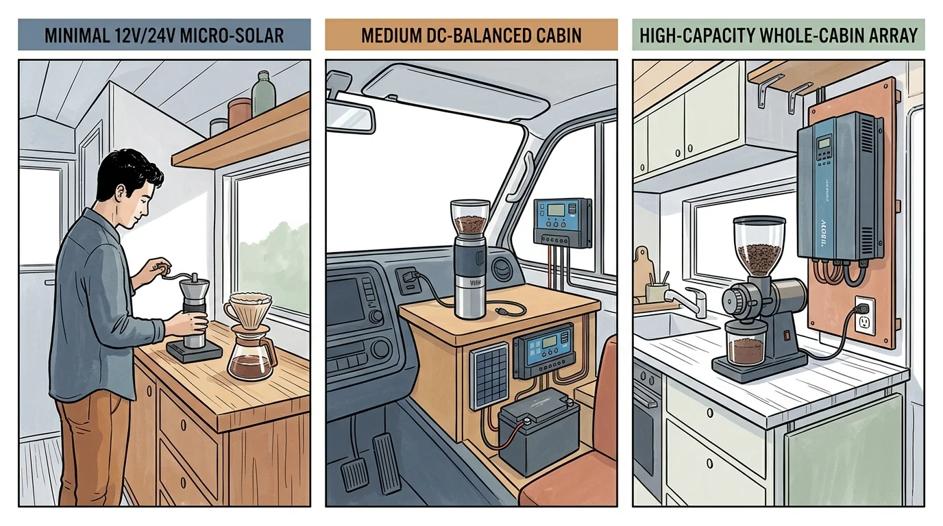 Three-panel illustration showing off-grid coffee grinder setups for micro-solar, DC cabin power, and a whole-cabin array.